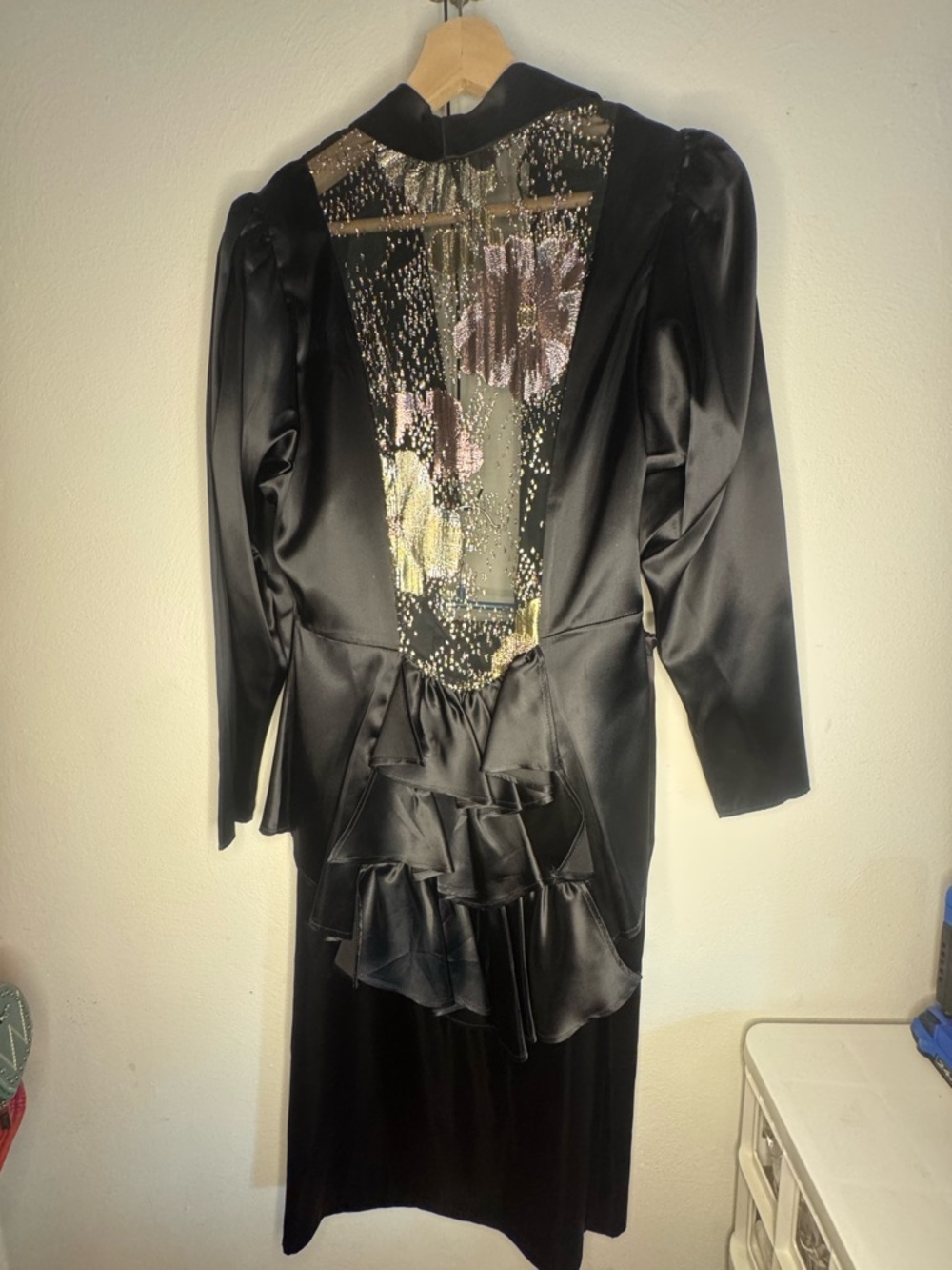 Vintage 80s Diamonds Run Wayne Diamond Black Satin Peplum Dress Jacket Set S